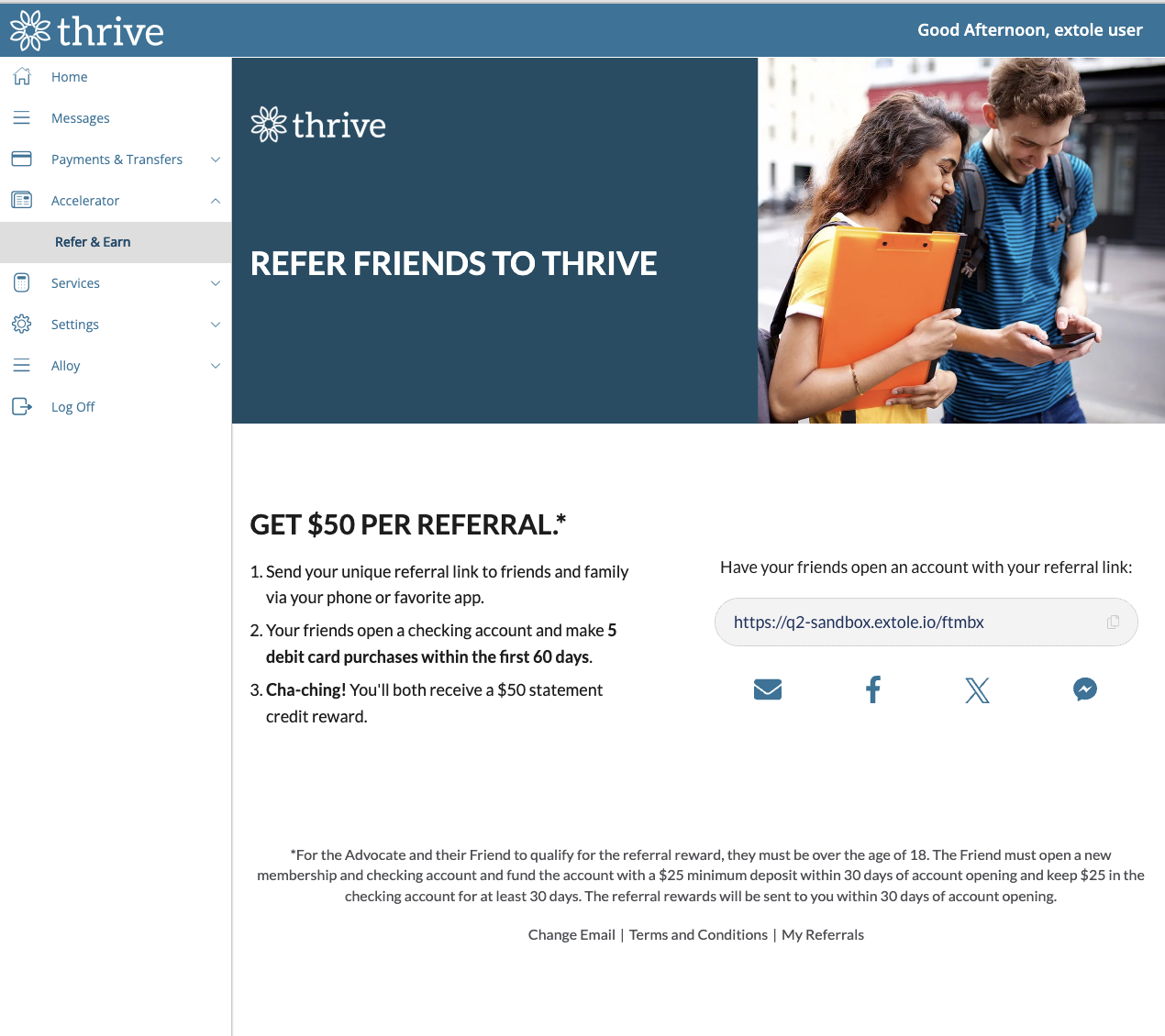 Referral microsite (hosted by Extole) embedded via SSO