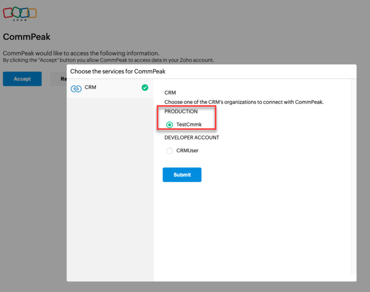 Screenshot with choosing a CRM production account