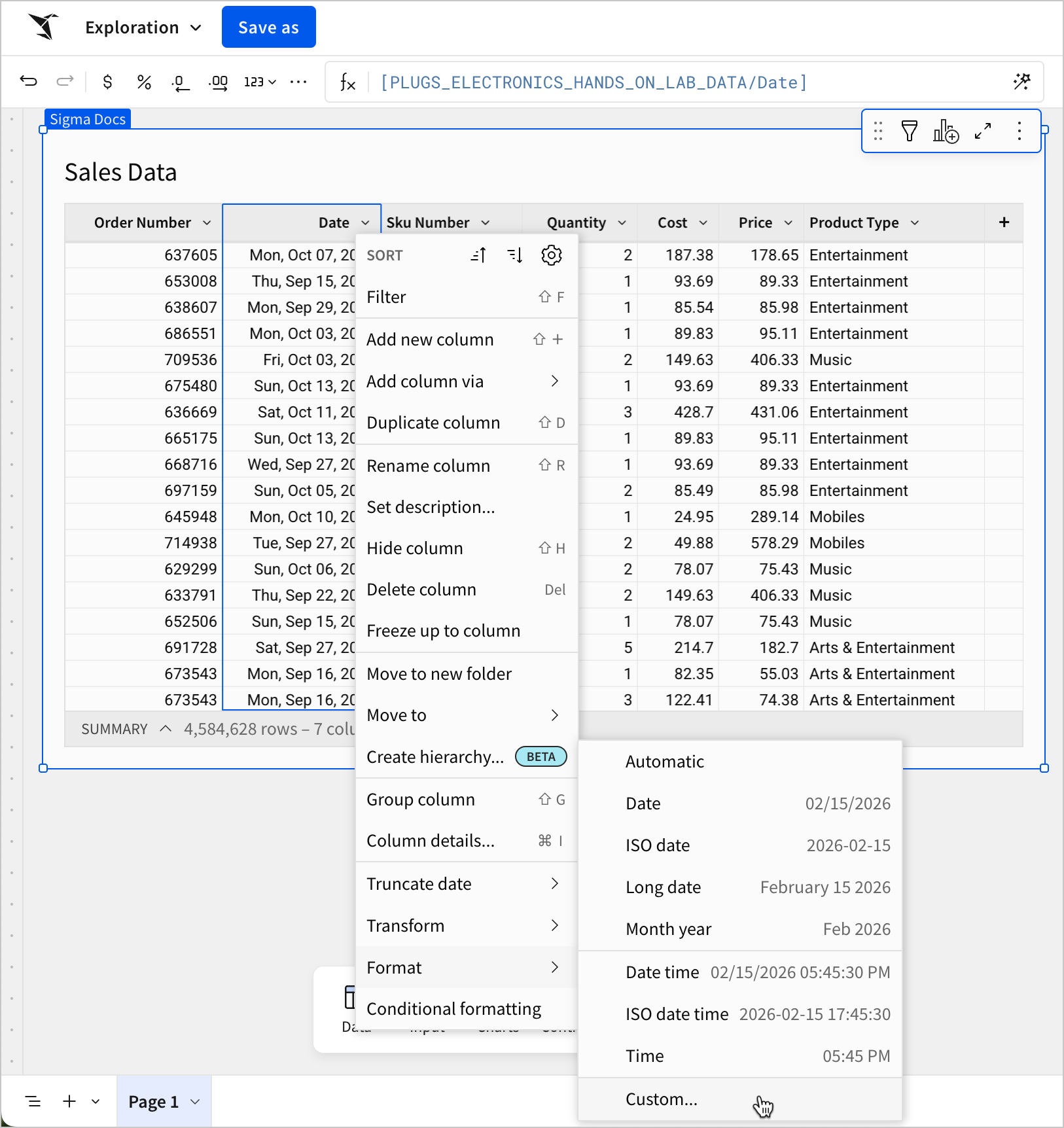 The column menu with the mouse hovering over the Format > Custom option.
