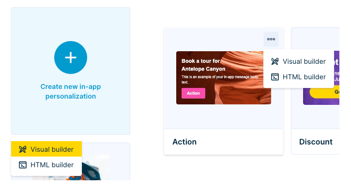 Screenshots of choosing the Visual builder or HTML builder for new and template-based in-app personalizations