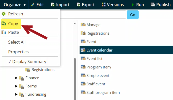 Use organize > copy to copy the event calendar content record.