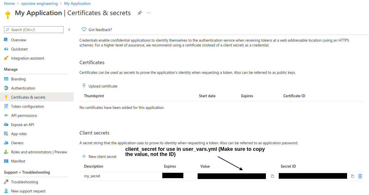 Example Azure Application Certificates page