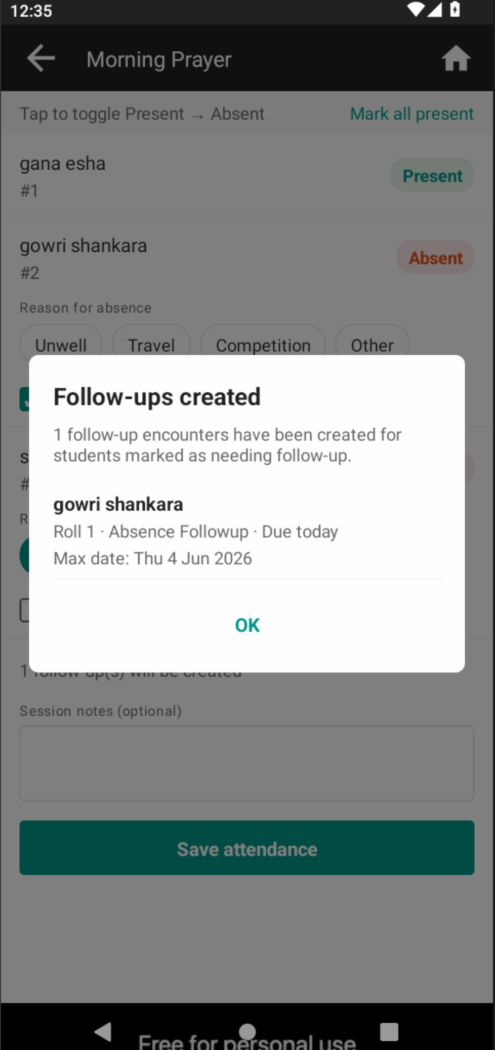 Android post-save Follow-ups created dialog listing the absent student for whom a follow-up encounter was auto-created
