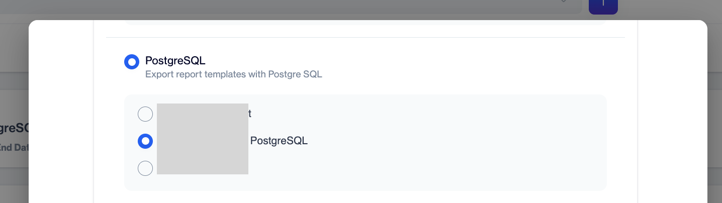 Select Remote Target screen of the Data Export node with PostgreSQL selected and the defined PostgreSQL remote targets listed under it. 