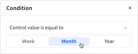 The condition modal showing the "Control value is equal to" option selected and a cursor hovering over the "Month" option in the segmented control.
