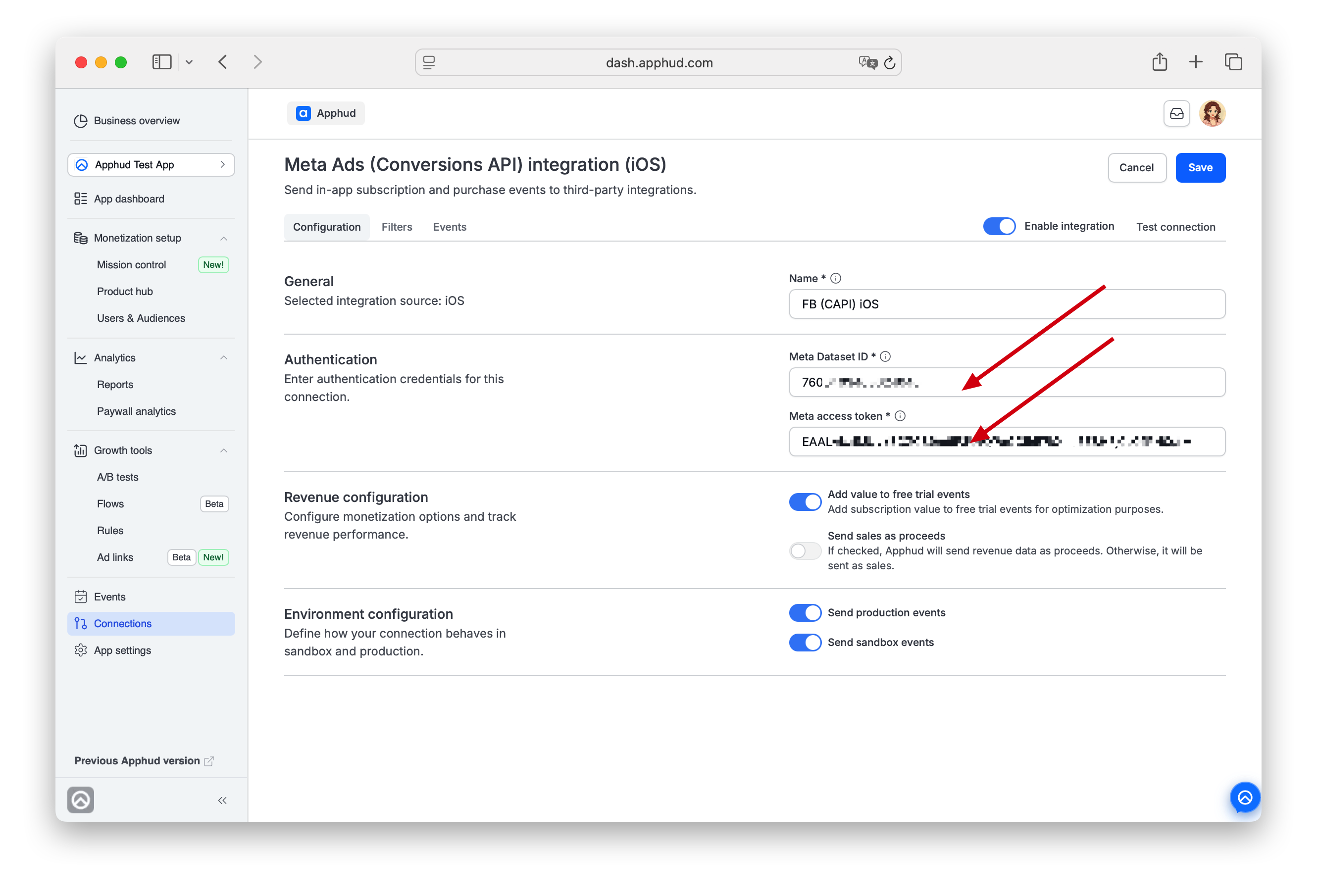 Apphud - Meta (Facebook) CAPI Dataset ID and Access Token