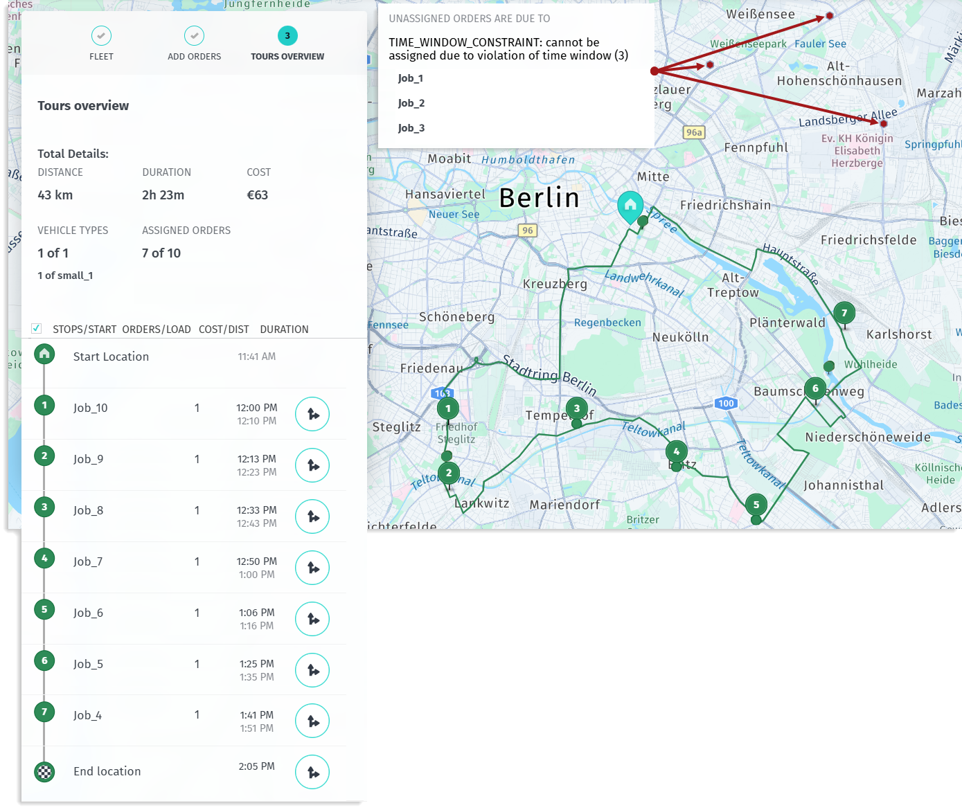 A solution with hard constraint time windows that shows unassigned jobs