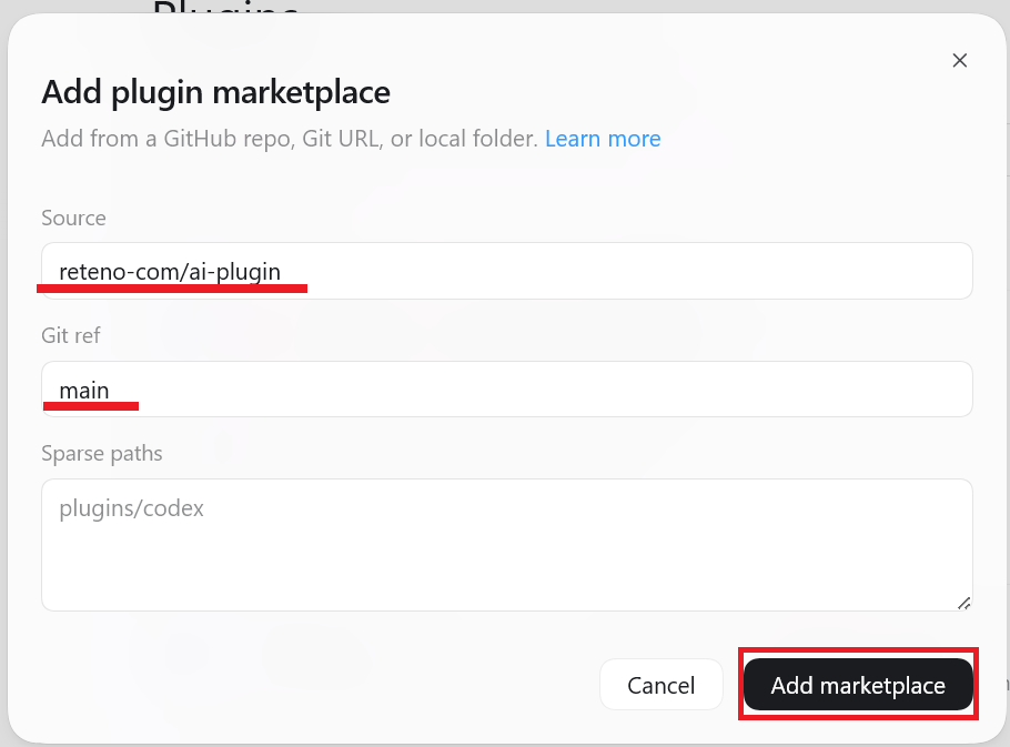 Entering the Reteno plugin marketplace source and clicking Add marketplace in Codex