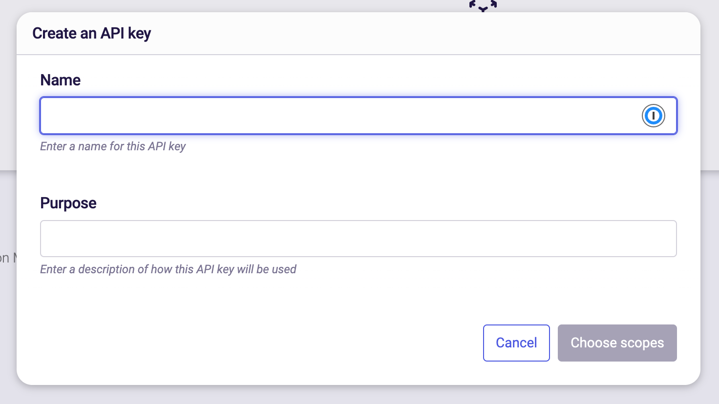 Choose a name and purpose for your API key