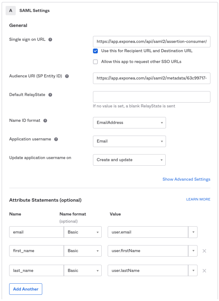 Okta SAML Settings page showing General settings and Attribute Statements configuration fields.