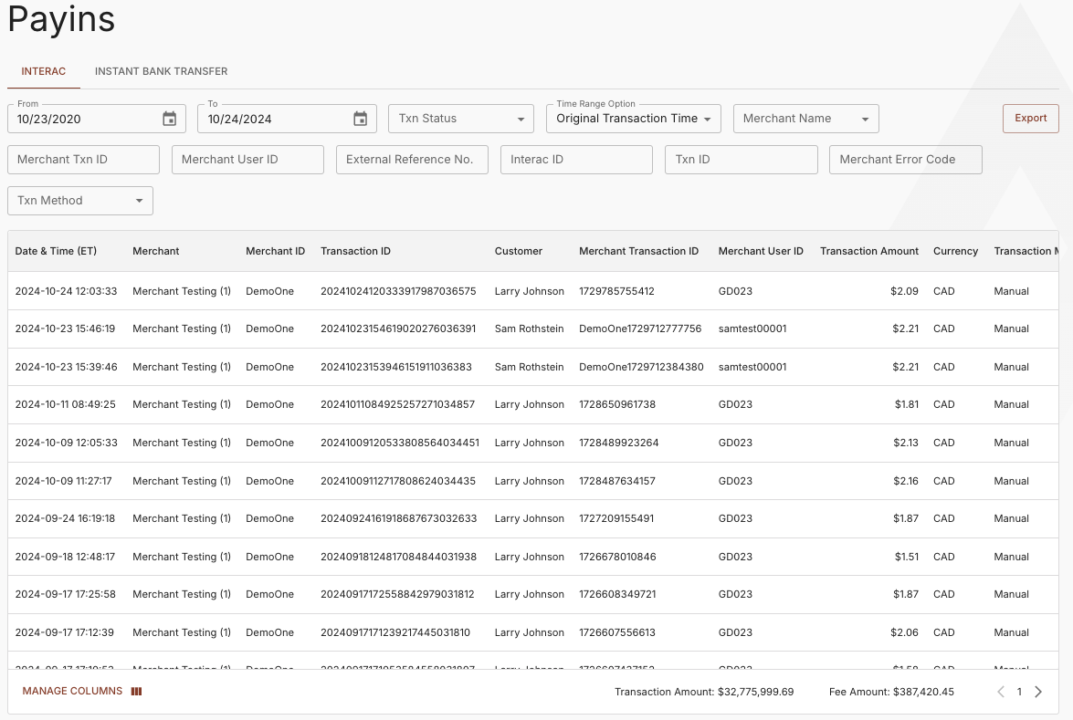 INTERAC Payins Report