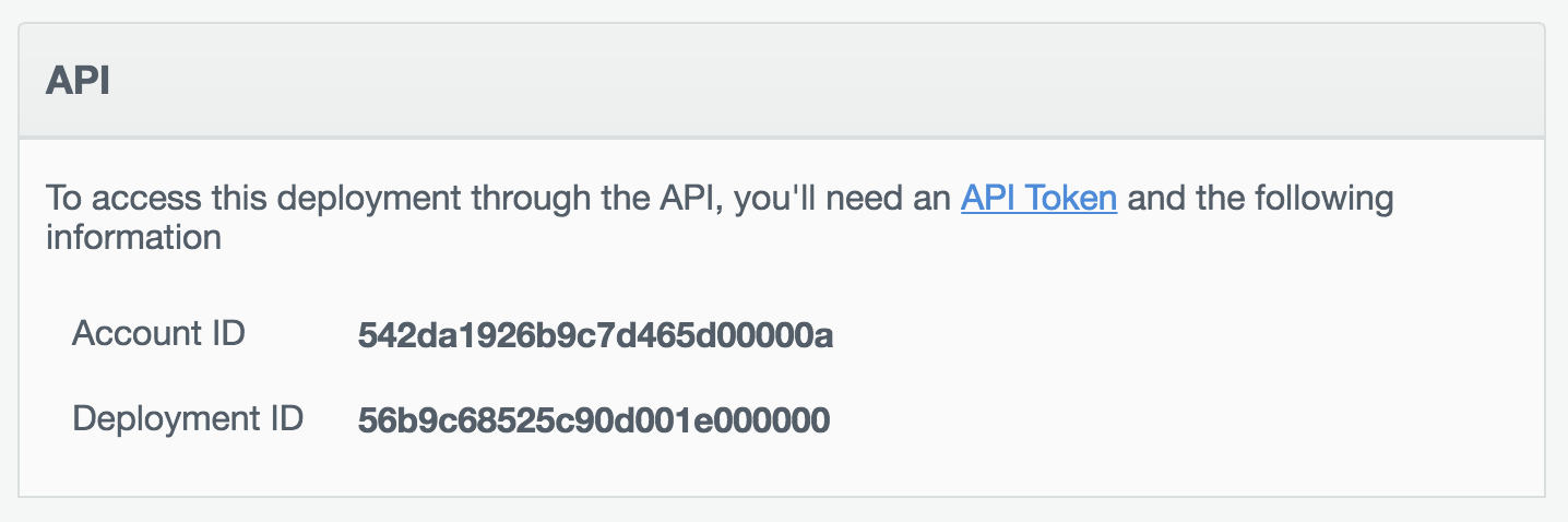 API panel displaying Account ID and Deployment ID.