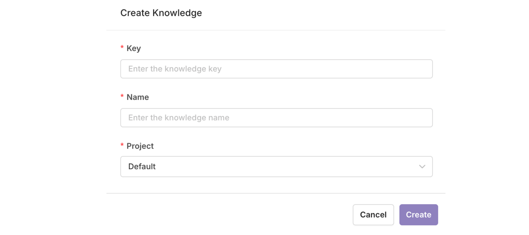 Here you can enter a unique **Key** that will be used to reference your Knowledge within [Playgrounds](doc:llm-experimentation-playground) and [Deployments](ref:deployments-2). Also enter a **Name** and which **Project** this knowledge belongs in.