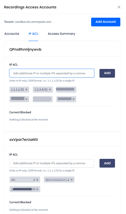 Screenshot of the ACL rule settings for accessing the recordings' storage