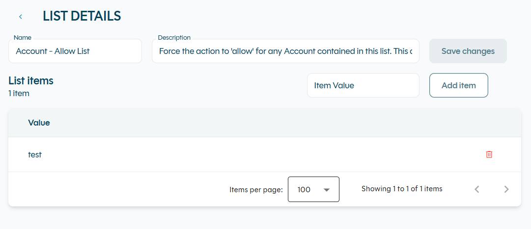 List details page with one item