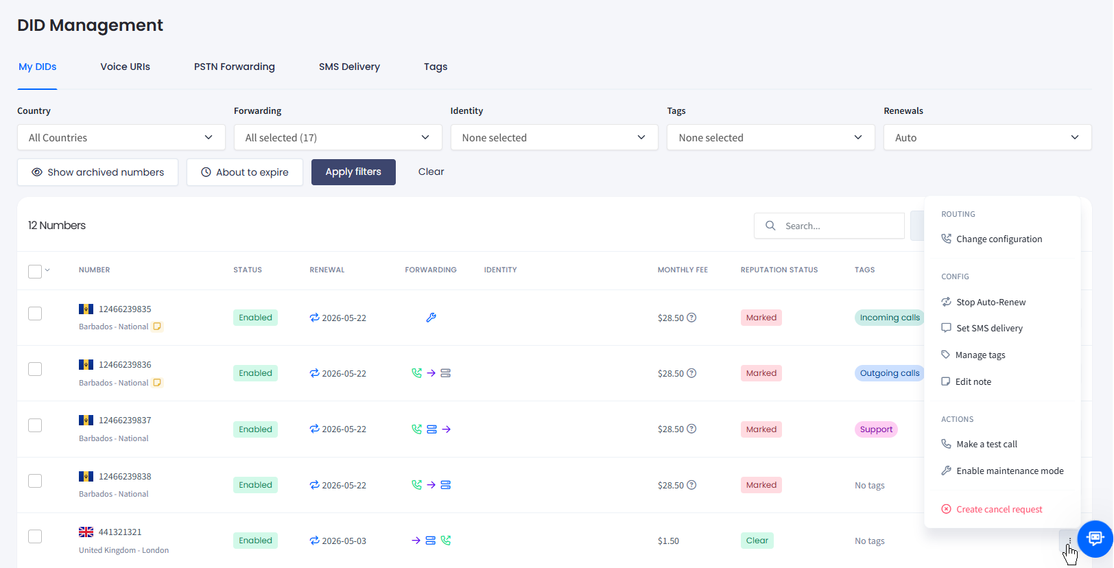 Screenshot of the action options button