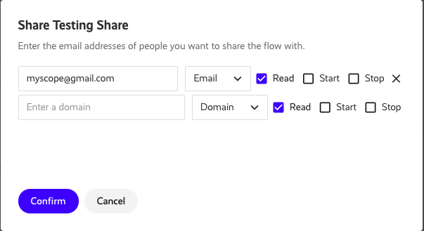 Share dialog with a list of users the flow is shared with.