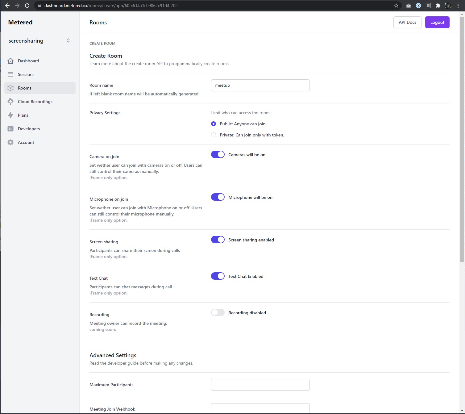 Screenshot_072621_105322_AM.jpg Create Room page on Metered Dashboard