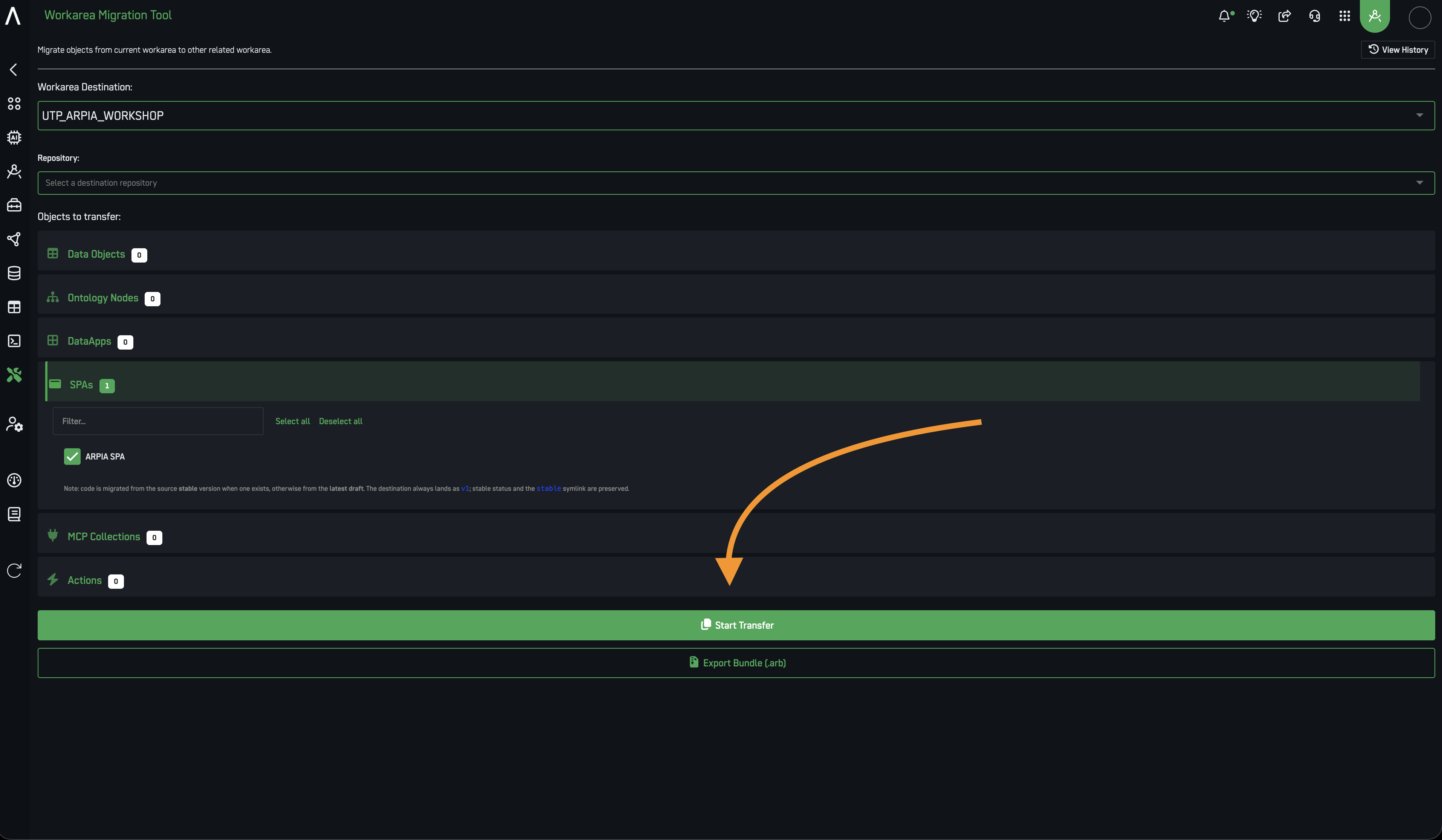 Workarea Migration Tool interface