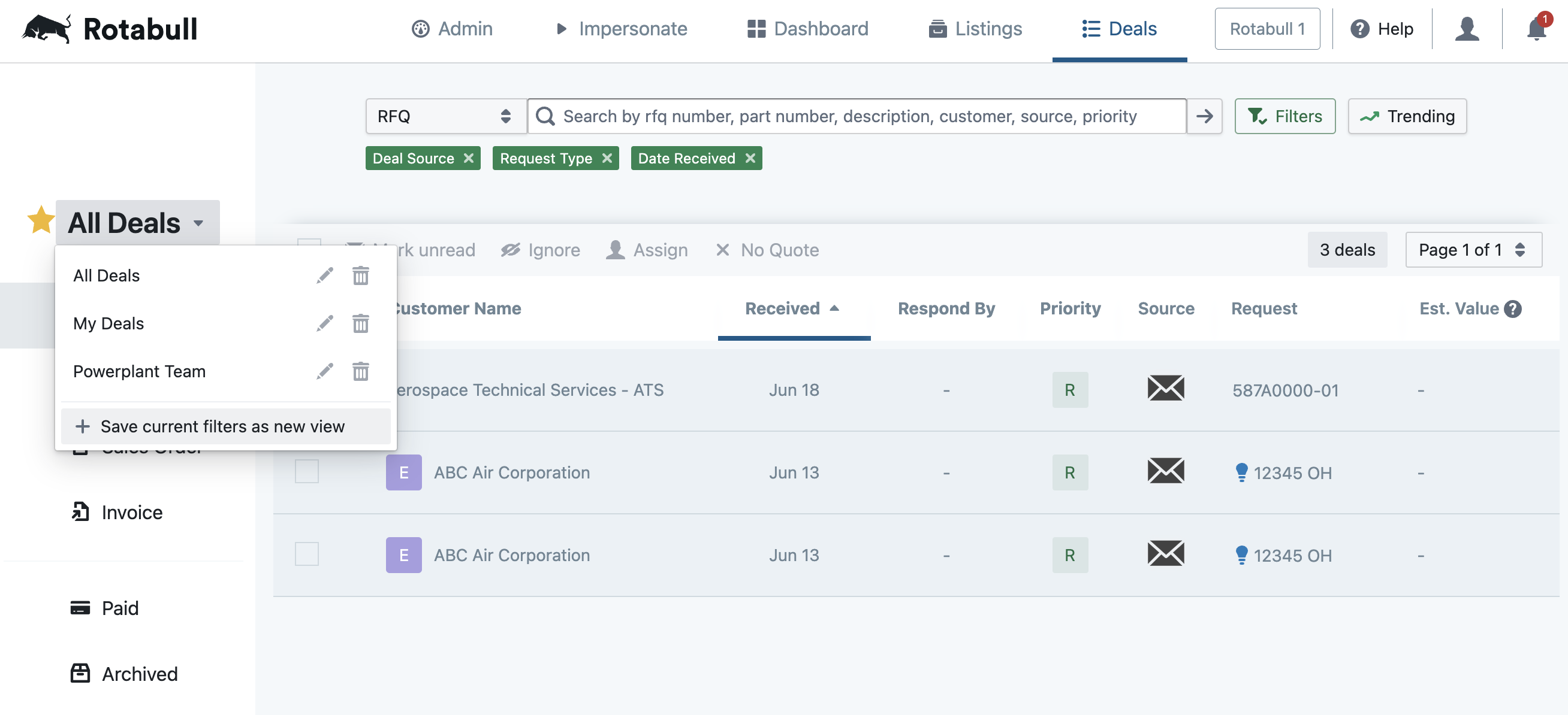 Filtered inbox view showing deals that match filters Deal Source: Email, Request Type: Outright Sale, and Date Received: within the last two weeks