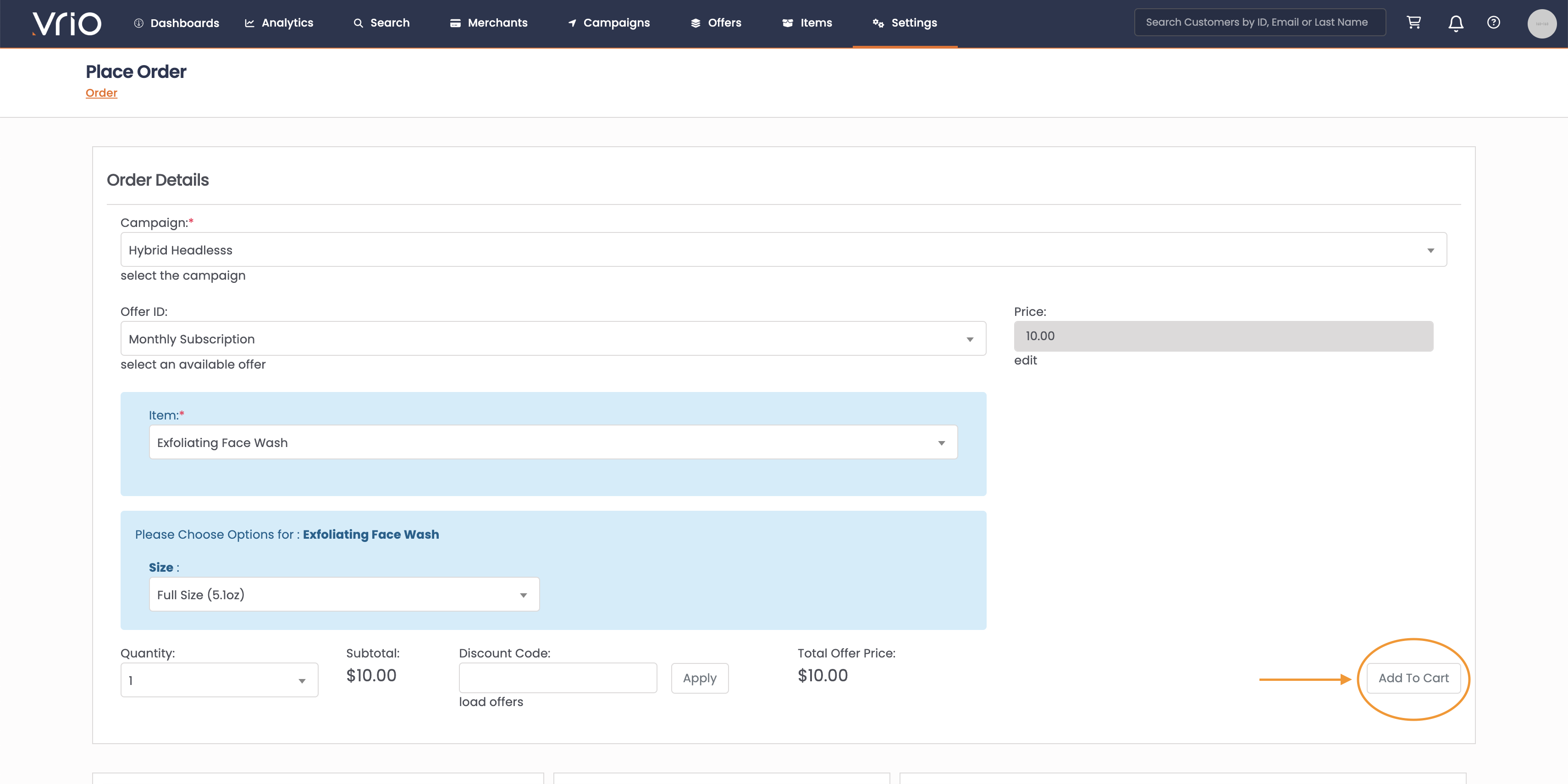 Adding items to the cart in the UI