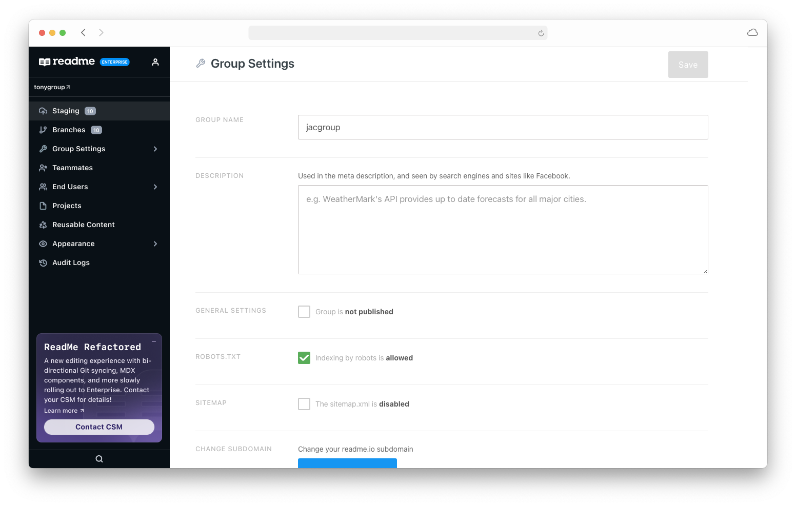 Enterprise dashboard showing group settings and migration notice