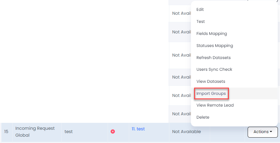 Screenshot of Import Groups highlighted in the Actions column