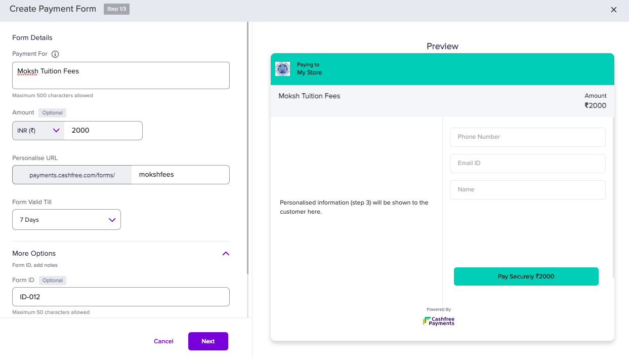 Create Payment Form - Step 1