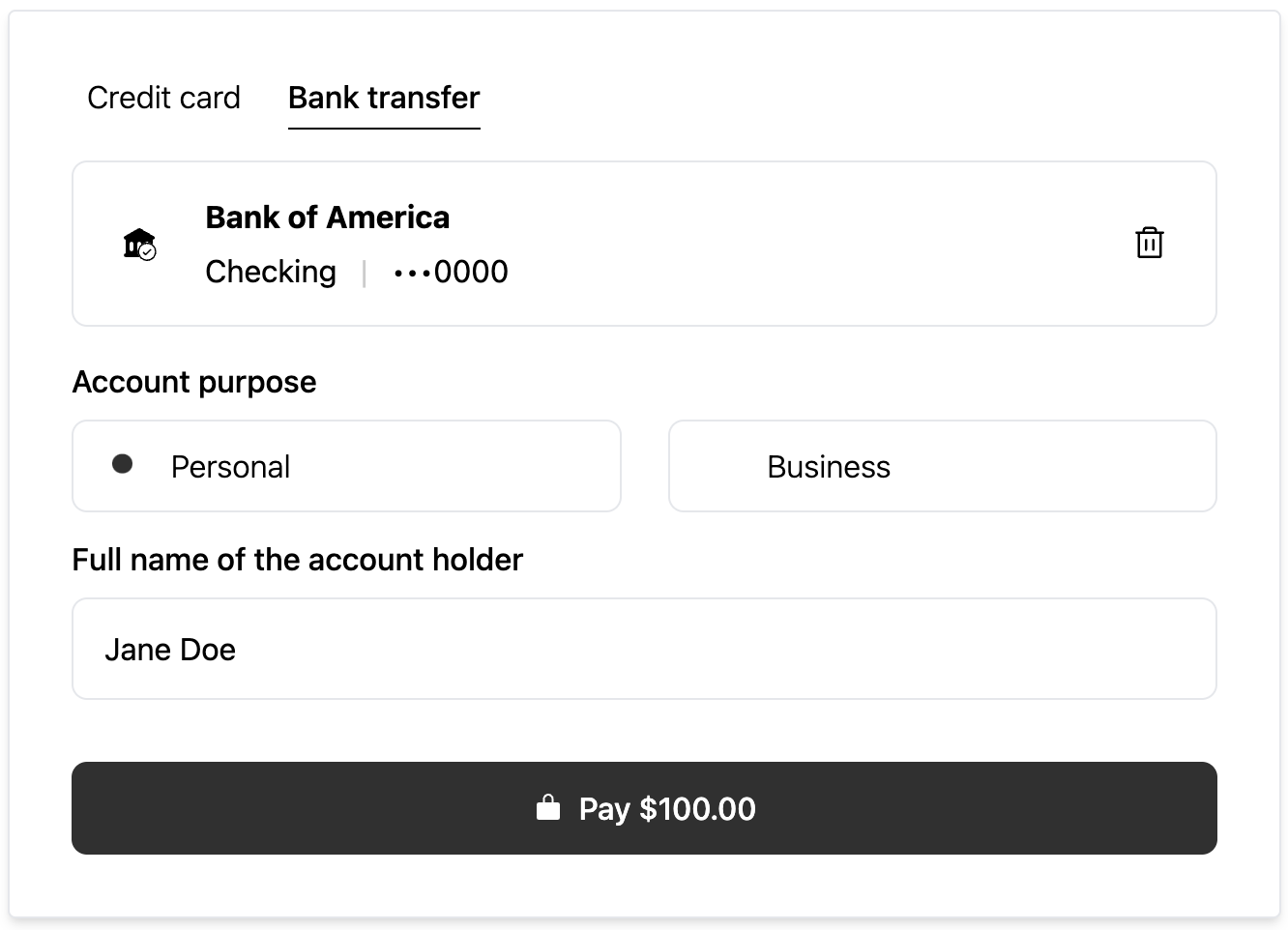 Validated ACH bank account connected