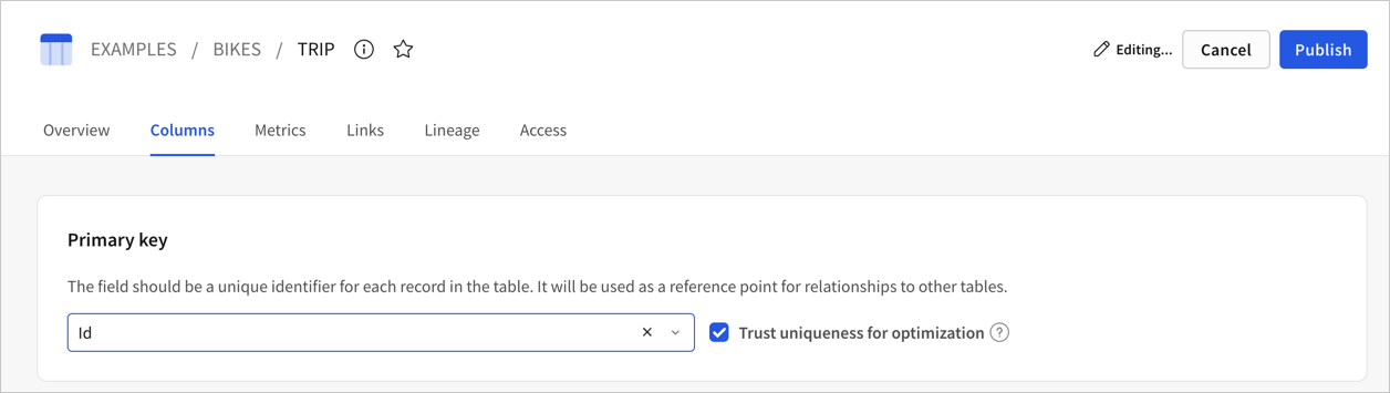 TRIPS table selected and open for editing on the Columns tab. The ID column is selected as a primary key and the Trust uniqueness for optimization checkbox is automatically selected.