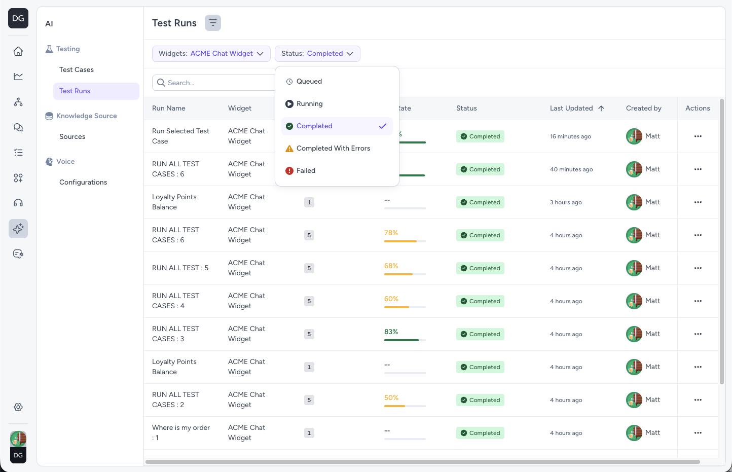 Test Runs list with Widget and Status filters