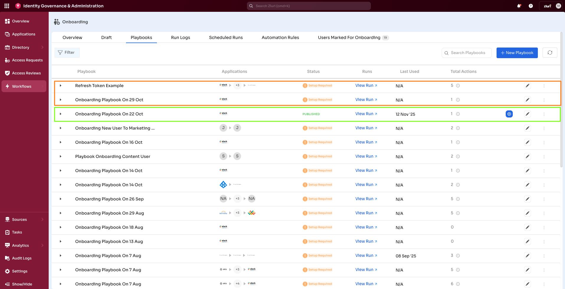 Offboarding Playbook tab with two types of setup status: Published and Setup required.