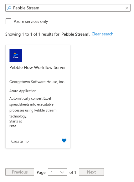 Search for "Pebble Stream" to find the Pebble Flow server on Azure Marketplace.