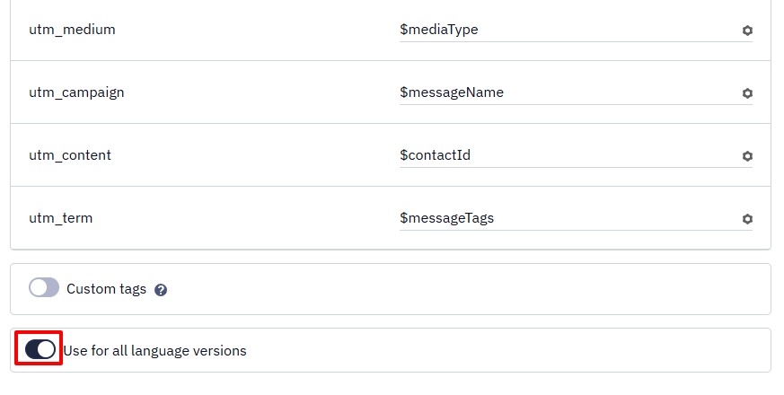 Use to all language versions switch in UTM settings for multilingual messages