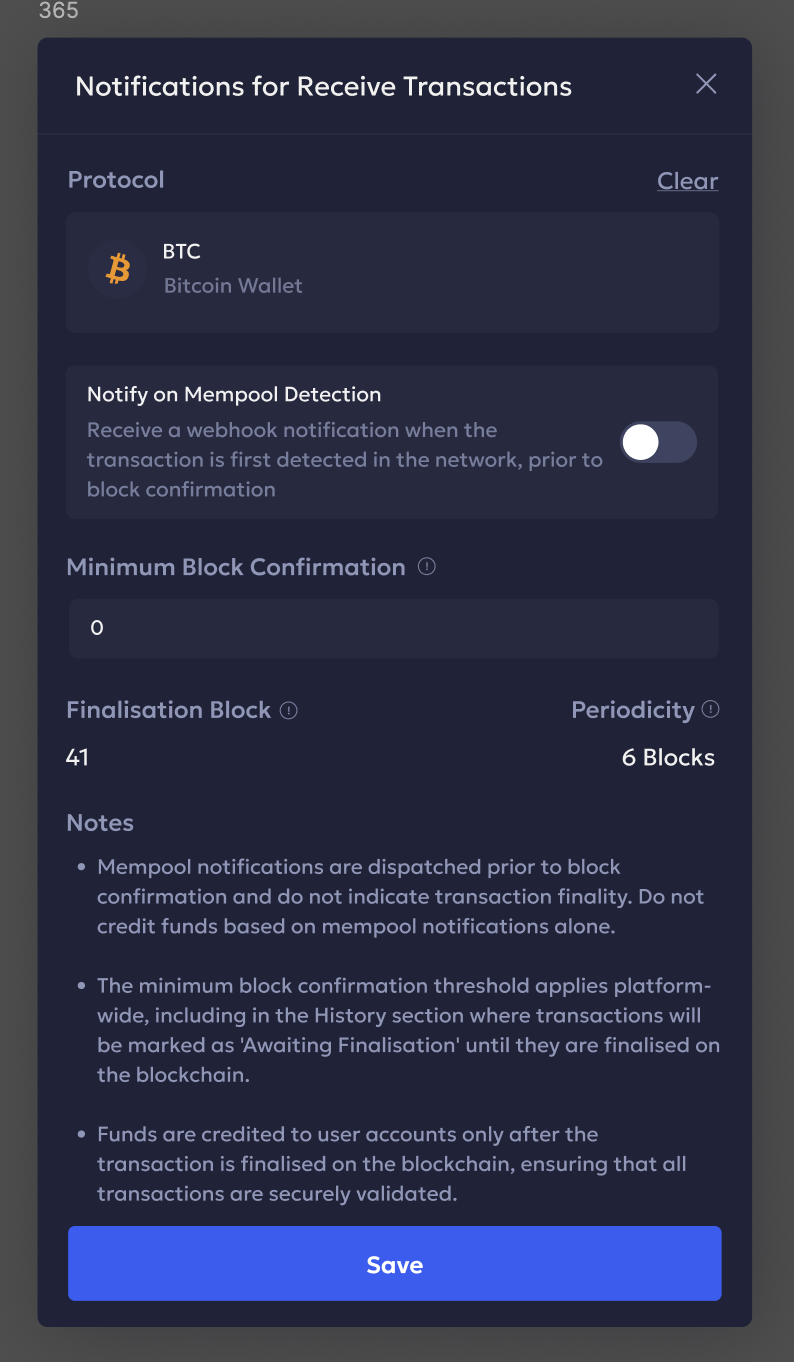 Notifications for Receive Transactions settings modal, showing the Notify on Mempool Detection toggle above the Minimum Block Confirmation, Finalisation Block, and Periodicity fields