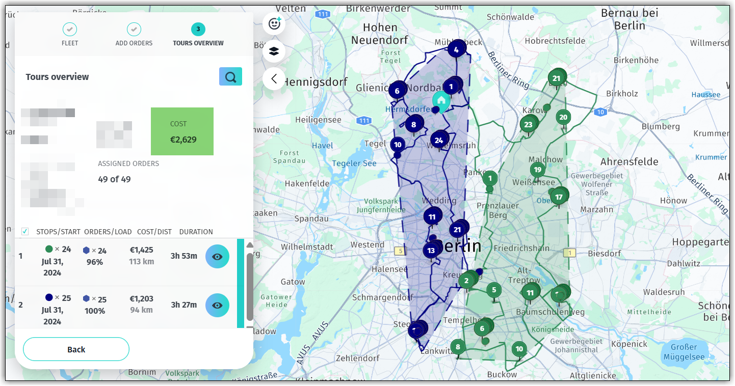 Tour planning solution with tieBreak objective showing reduced tour overlap