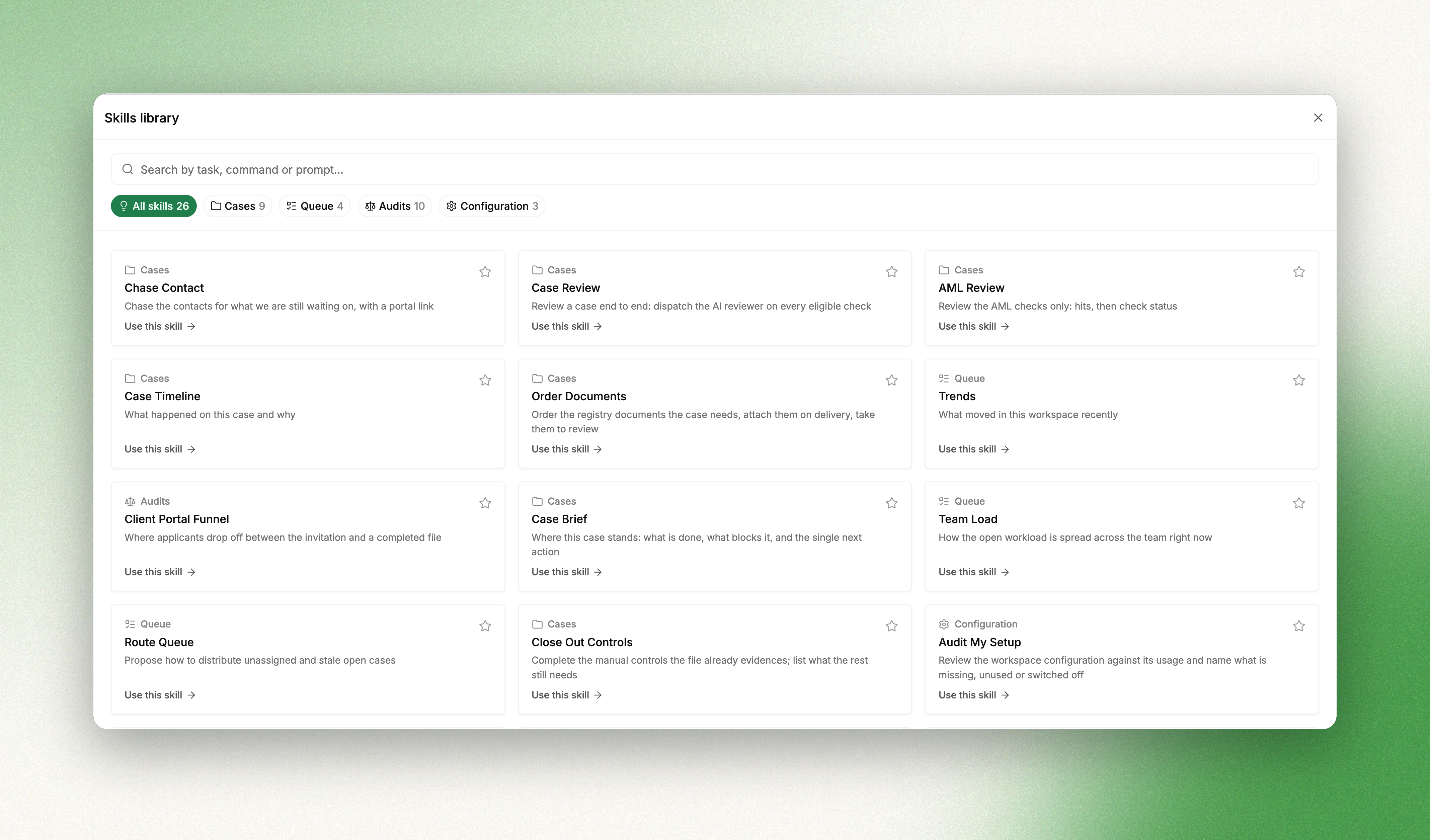 The skills library: 26 skills as cards, with a search field and one filter per family