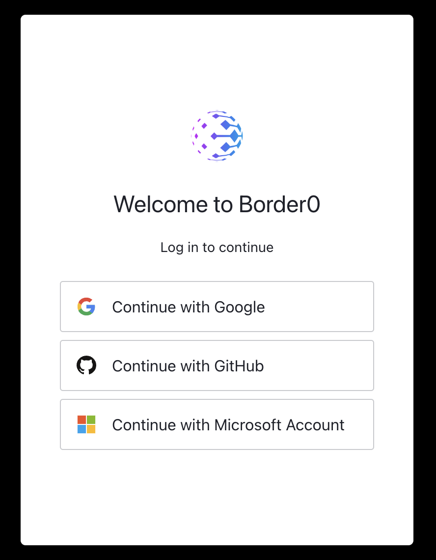 Border0 user authentication page exhibiting the global providers Google, Github, and Microsoft