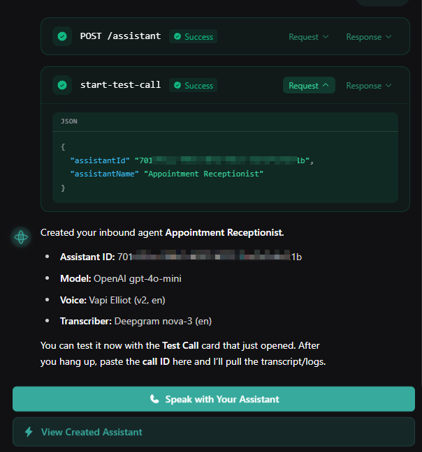 Screenshot of Vapi assistant created