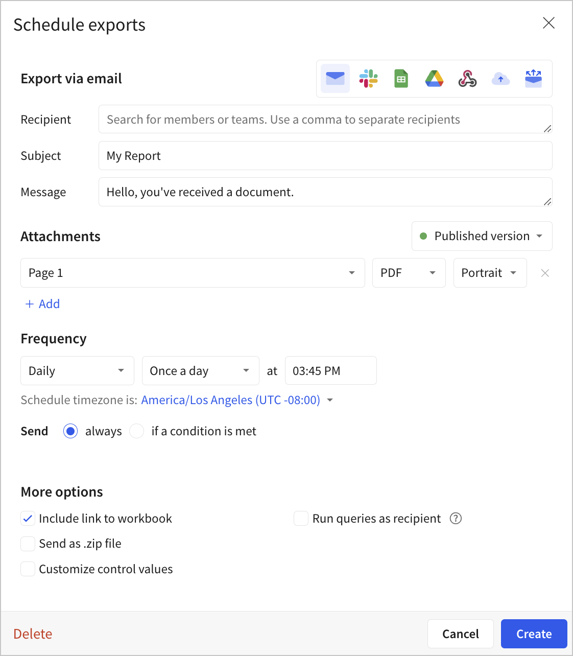 Schedule export modal with options described in surrounding steps.