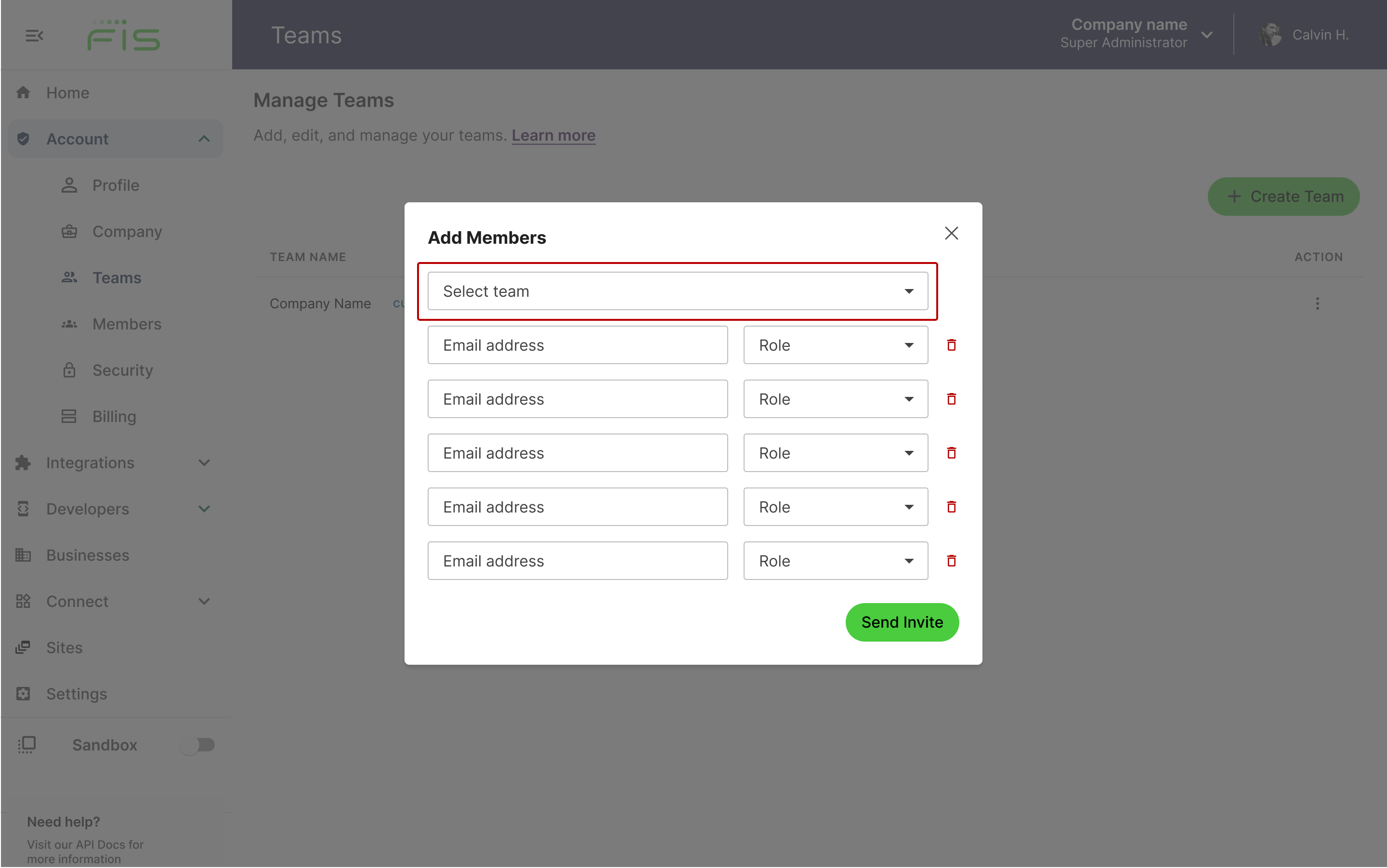 Manage team page in Railz Dashboard. Click to Expand.