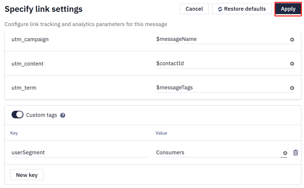 Track URLs switcher in email link settings