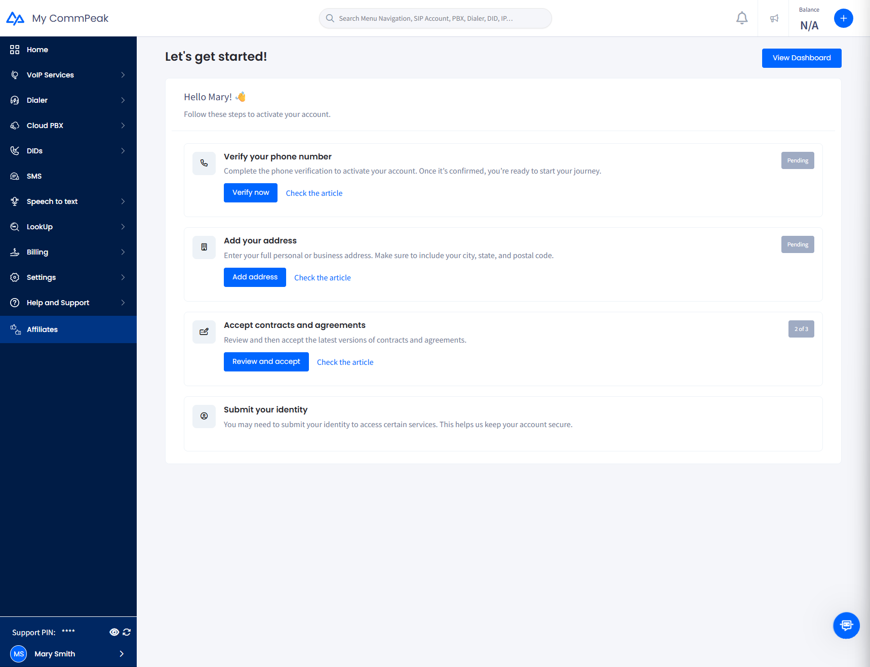 Screenshot of the onboarding dashboard