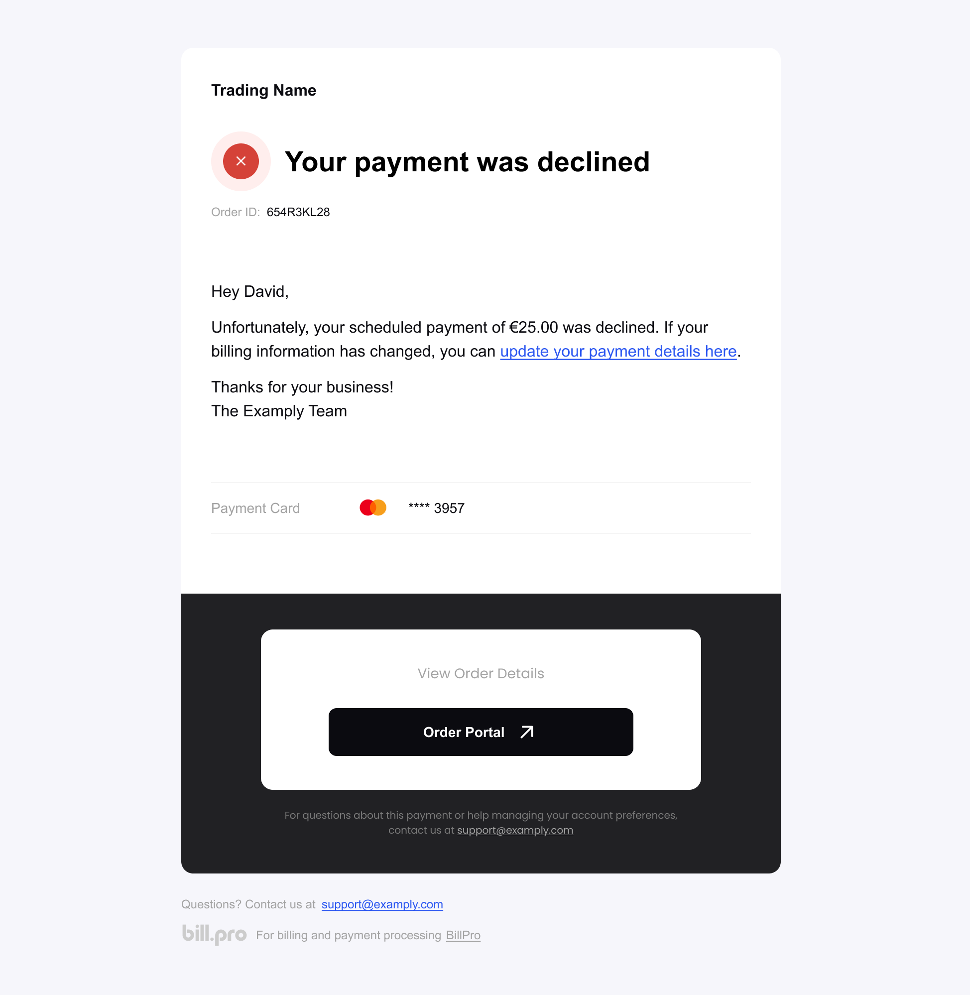 The email notifying that the scheduled payment was soft declined