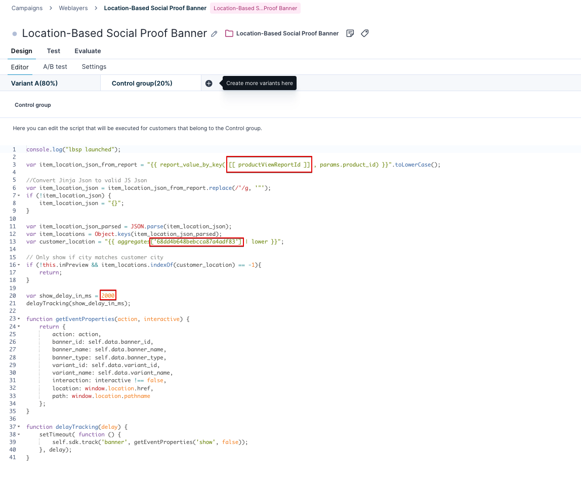 Control Group configuration interface showing code editor with highlighted values for viewThreshold and report_value_by_key parameters