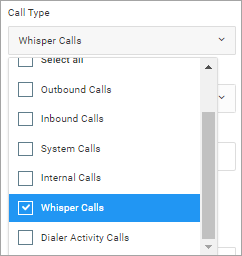 Screenshot of the **Call Type** drop-down list options