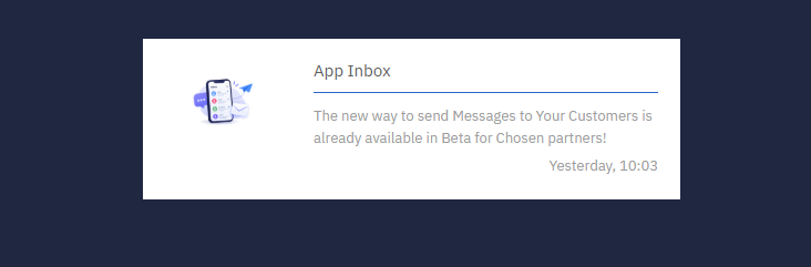 App Inbox notification announcing the new App Inbox messaging feature is available in beta for chosen partners