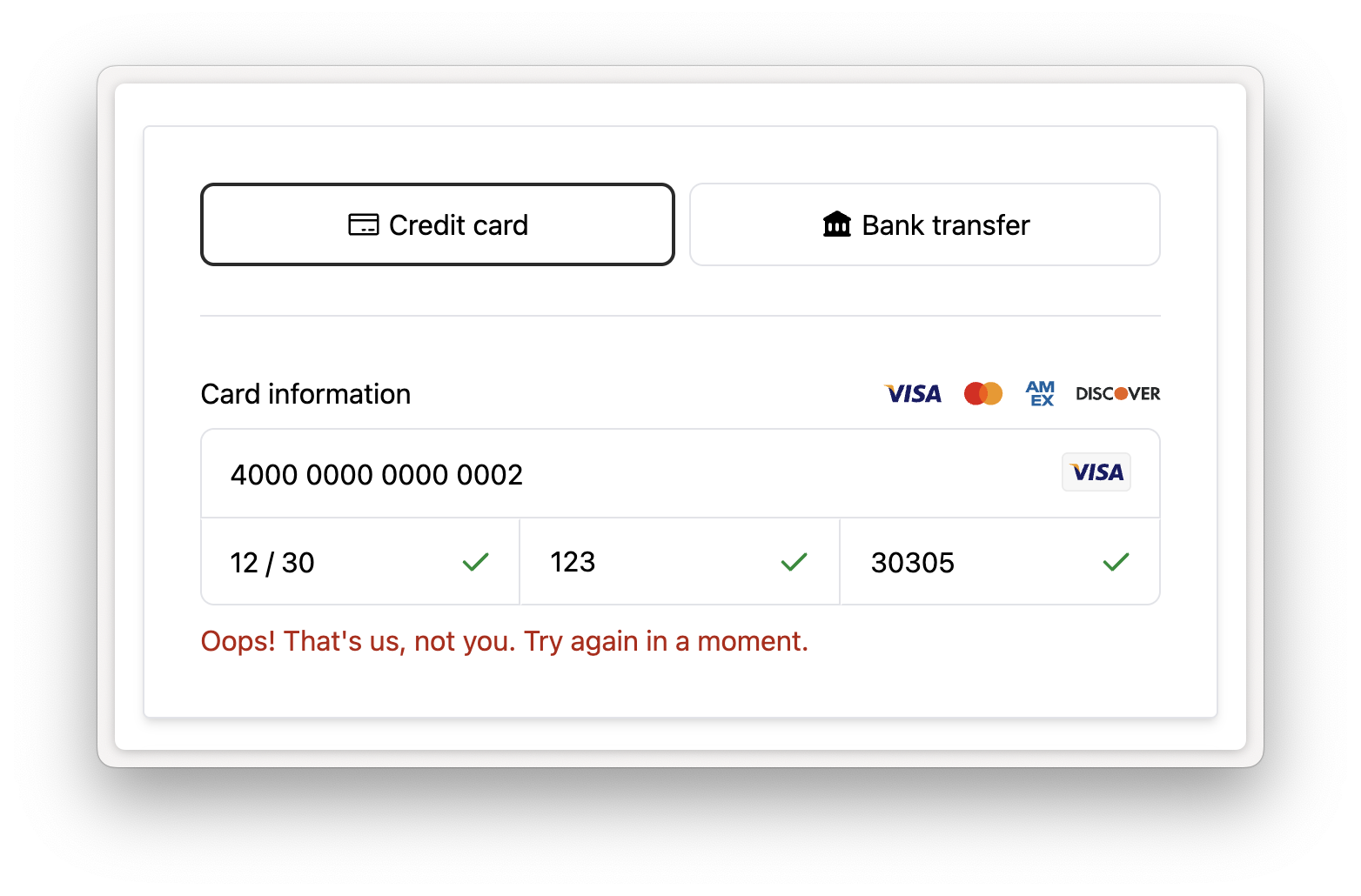 Rainforest Payment Component with the generic error message