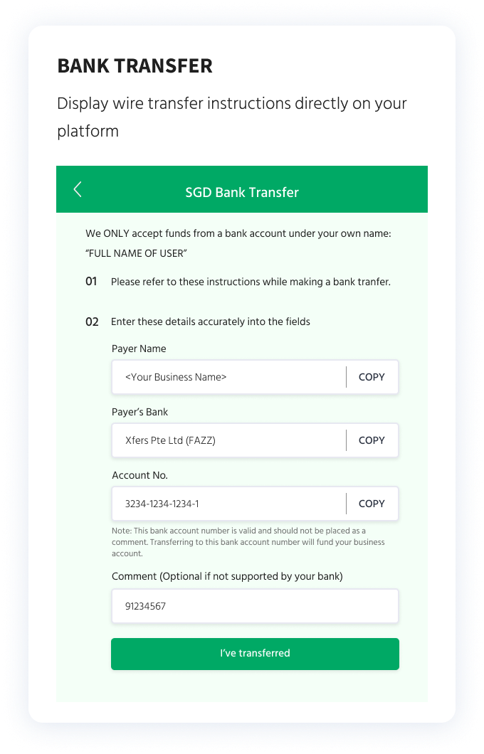 UI example of bank transfer instructions