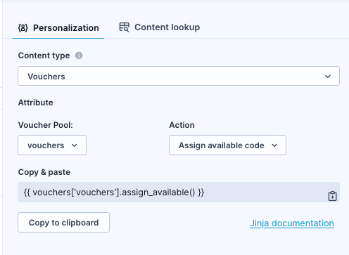 Jinja personalization panel showing three voucher functions: Assign available code, Count available codes, and Count total codes